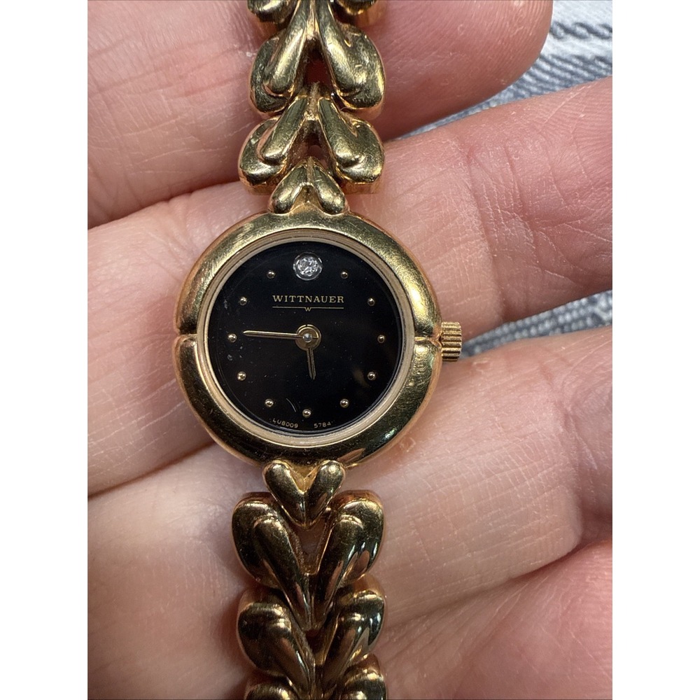 Wittnauer Women's Petite Gold Tone Watch Heart Bracelet Band Black Dial 19mm